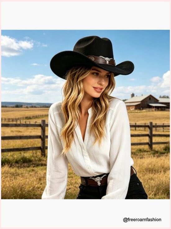 Classic Felt Cowboy Hat with Buckle Belt, Wide Brim Western Vintage Fedora main image 5
